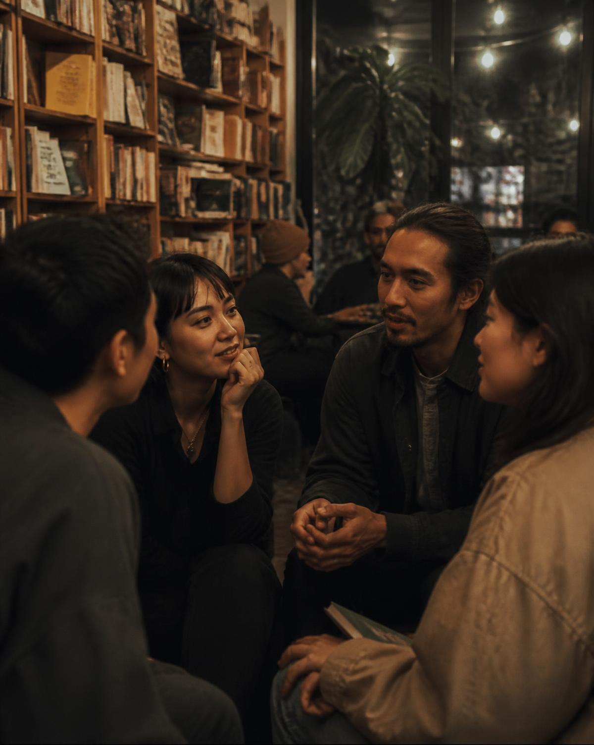 Friends gathered close in conversation inside a warm, book-lined room